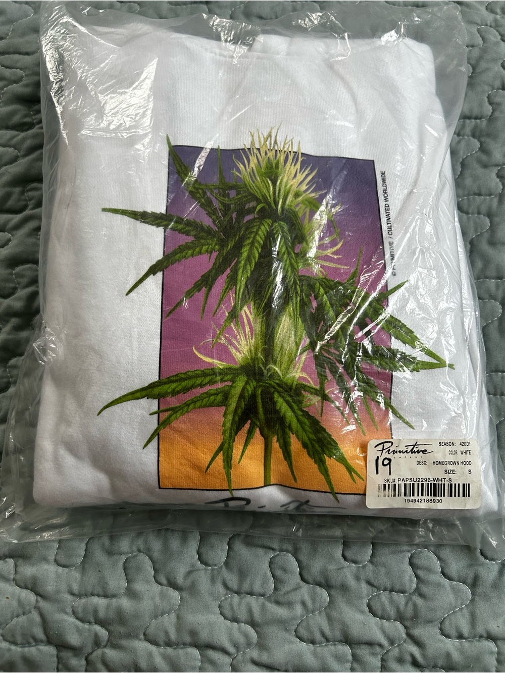 Primitive White Hoodie with Green Botanical and Purple-Orange Gradient